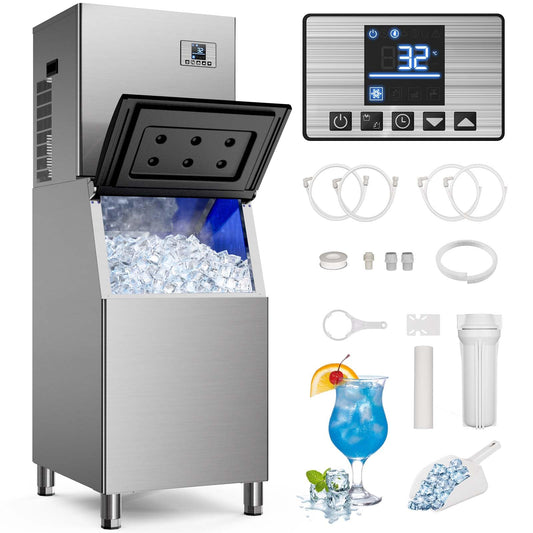 680 LBS/24H Commercial Ice Machine with 560 LBS Storage Bin, Ice Cubes Ready in 5-15 min, Stainless Steel Industrial Ice Maker, Self-Cleaning, Timing Function, Adjustable Ice Thicknesses