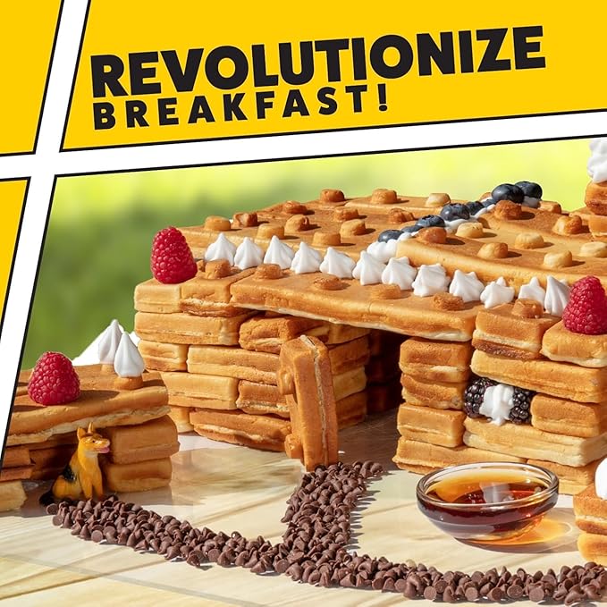 Building Brick Electric Waffle Maker- BLACK with 2 Construction Eating Plates- Cook Fun Buildable Gingerbread Man House Waffles Pancakes- Stack & Build Creations on Serving Dishes, Activity Xmas Gift