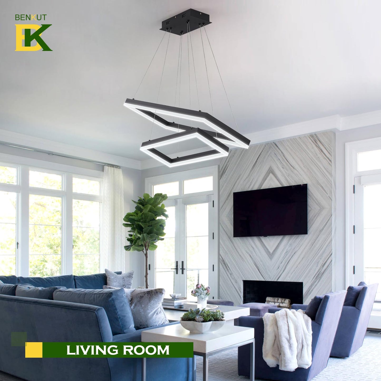 Benkut Modern LED Chandelier 2 Rings Dimmable Pendant Light 23.6in Black Aluminum Flush Mount for Dining Living Room Foyer
