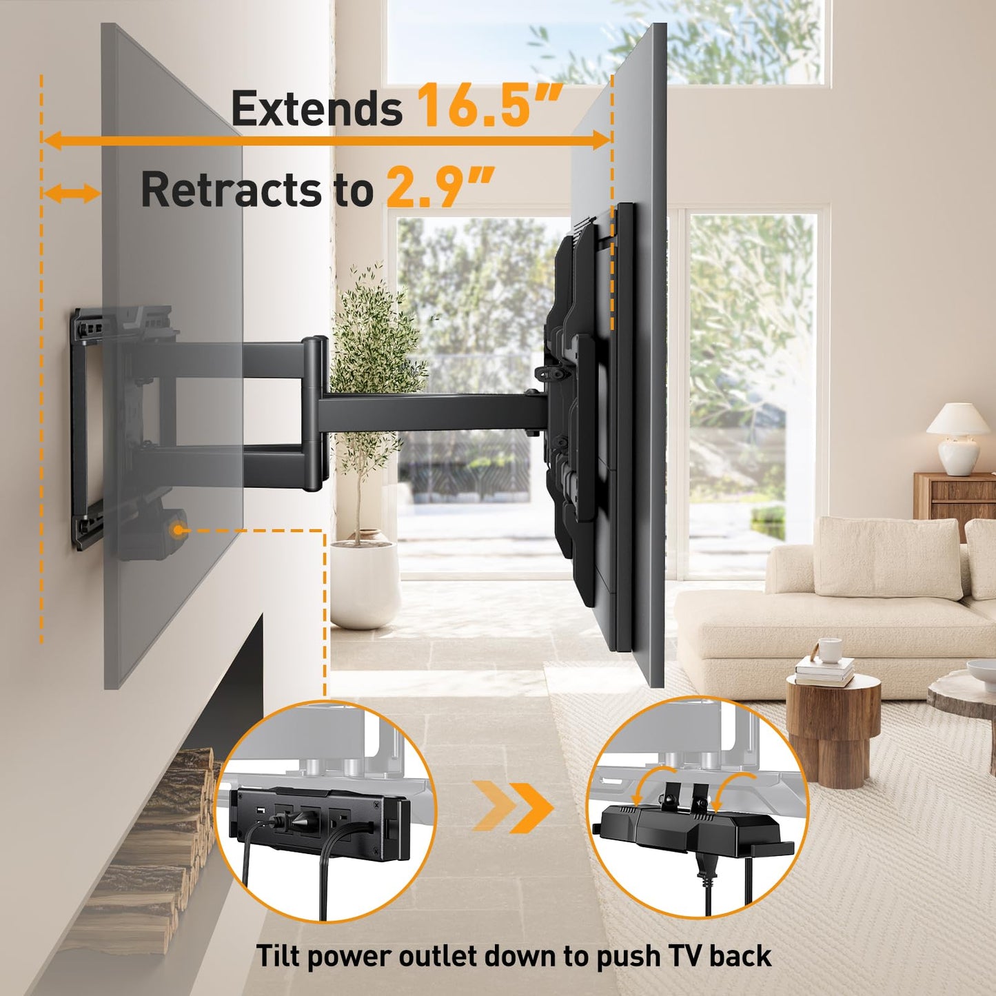 Perlegear Full Motion TV Wall Mount with Power Strip for 42–90 Inch TVs up to 150 lbs, Pre-Assembled TV Mount Has Smooth Swivel, Tilt, Extension, Max VESA 600x400mm, 12“/16”/24” Wood Studs, PGLF11