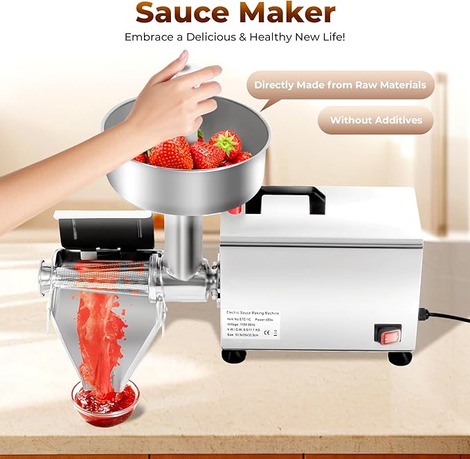 Electric Tomato Strainer, 450W Commercial Tomato Sauce Jam Maker with Handle & Adjustable Trough 304 Stainless Steel Food Press Sauce Maker Food Strainer for Tomatoes Strawberry Blueberry Sauces Etc