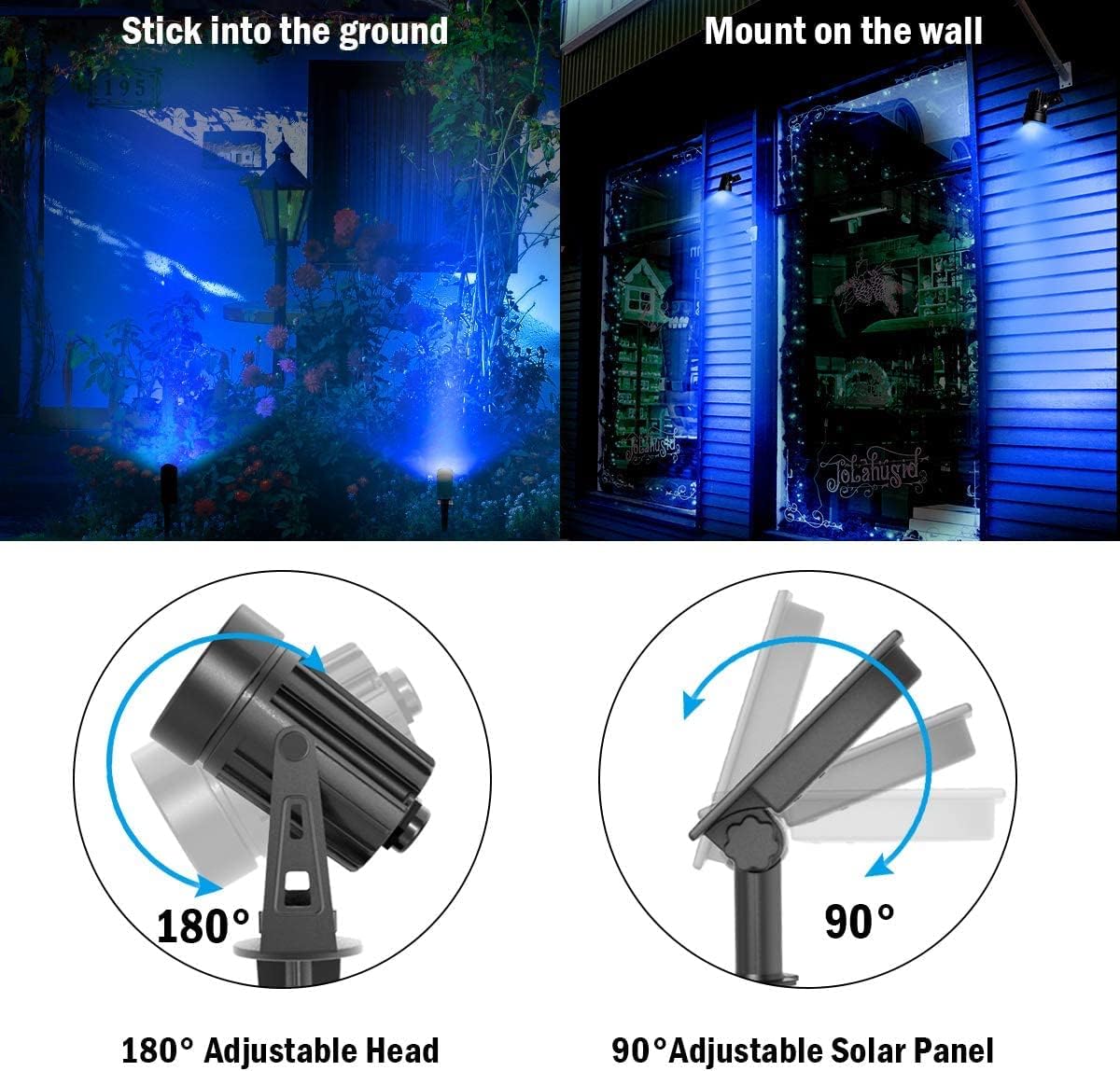 T-SUNUS Halloween Solar Landscape Spotlights 2 Pack Metal, Outdoor Waterproof IP65 Blue Spot Lights Separated Panel with 9.8ft Cable Auto On/Off for Christmas Tree Garden Driveway Pathway Pool
