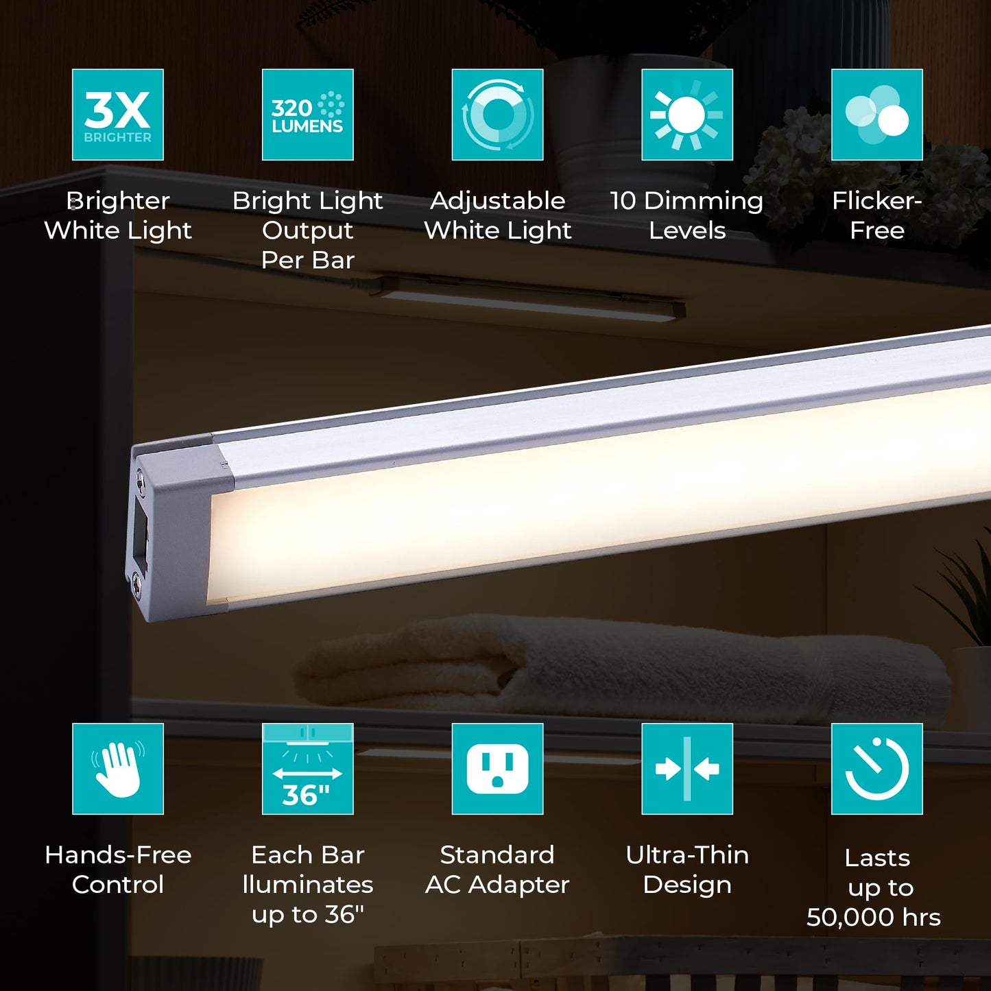 Black+Decker Smart Under Cabinet Lighting Kit, 6 Adjustable 9 Led Bars, White, Aluminum