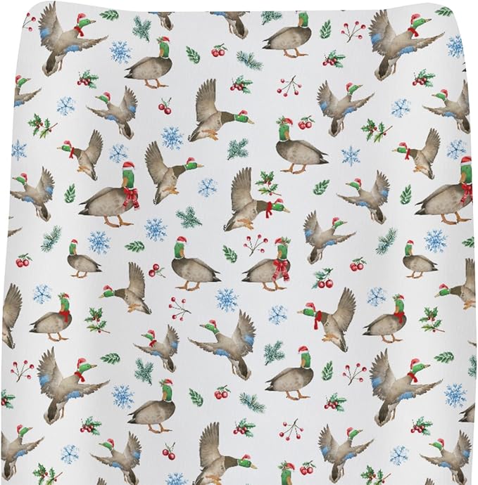 Christmas Mallard Ducks Changing Pad Covers for Baby Girl Boy Winter Green Ducks Fir Leaves Snowflakes Fitted Change Table Cover Mats Hunting Ducks Soft Diaper Changing Table Sheets 32''×16''