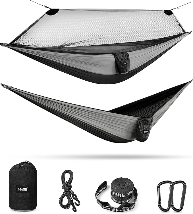 G4Free Large Camping Hammock with Mosquito Net 2 Person Pop-up Parachute Lightweight Hanging Hammocks Tree Straps Swing Bed for Outdoor Backpacking Backyard Hiking