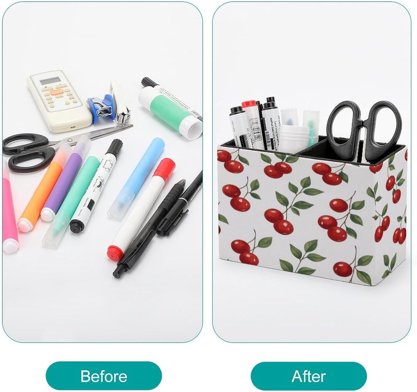Cherry Pattern Lether Pen Holder for Desk Makeup Brush Holder Office Organizer Desk Accessory for School Office