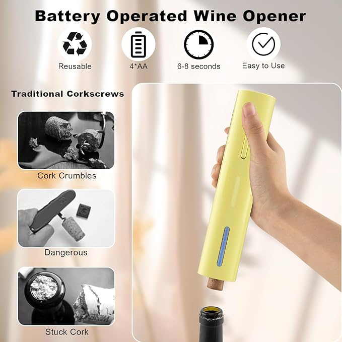 COKUNST Wine Bottle Opener with Foil Cutter, Battery Operated Automatic Corkscrew for Kitchen Party Home Wedding Yellow