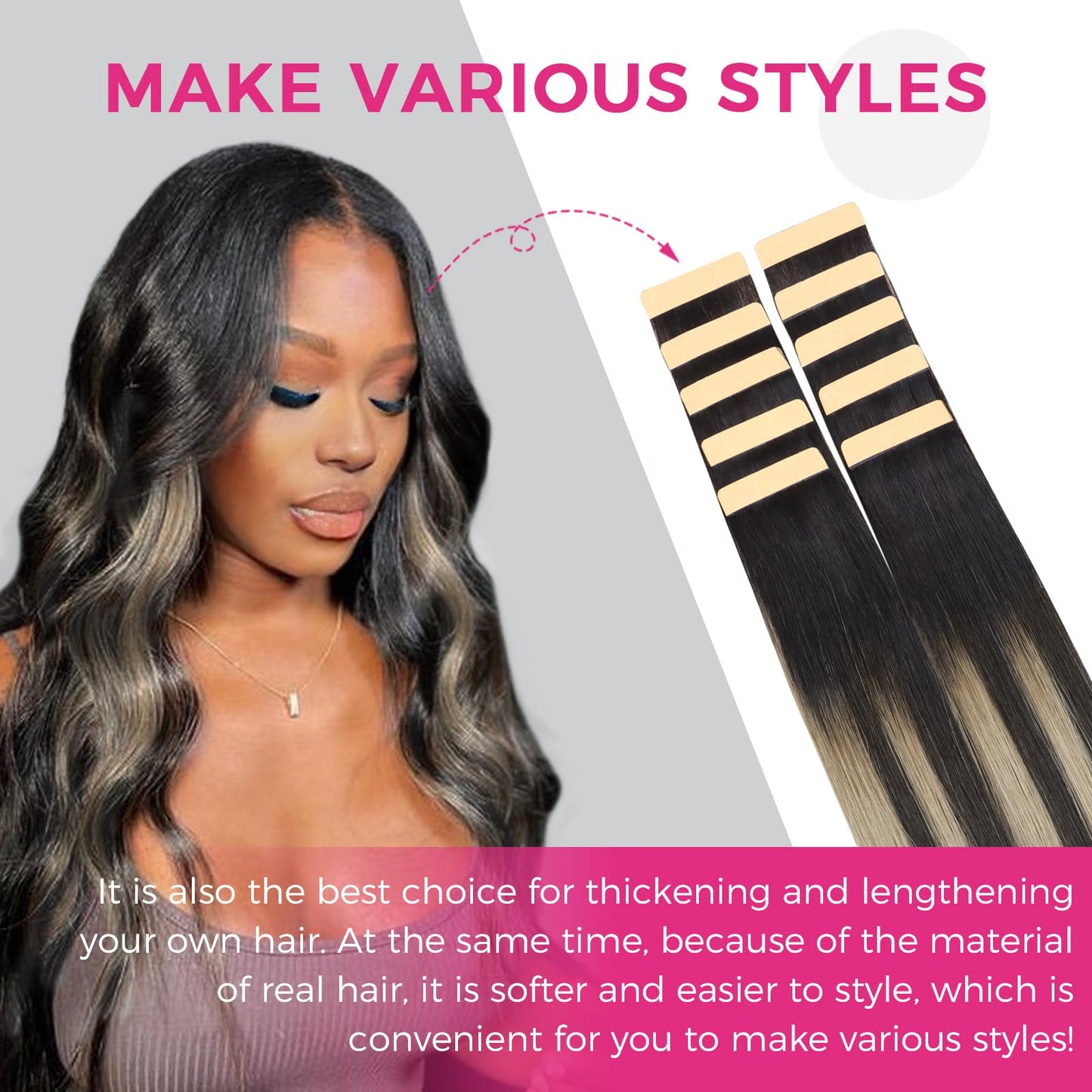 Lashey Tape in Hair Extensions 25g 10pcs 18 Inch Straight Balayage Natural Black to Light Blonde Highlighted Hair Extensions Tap