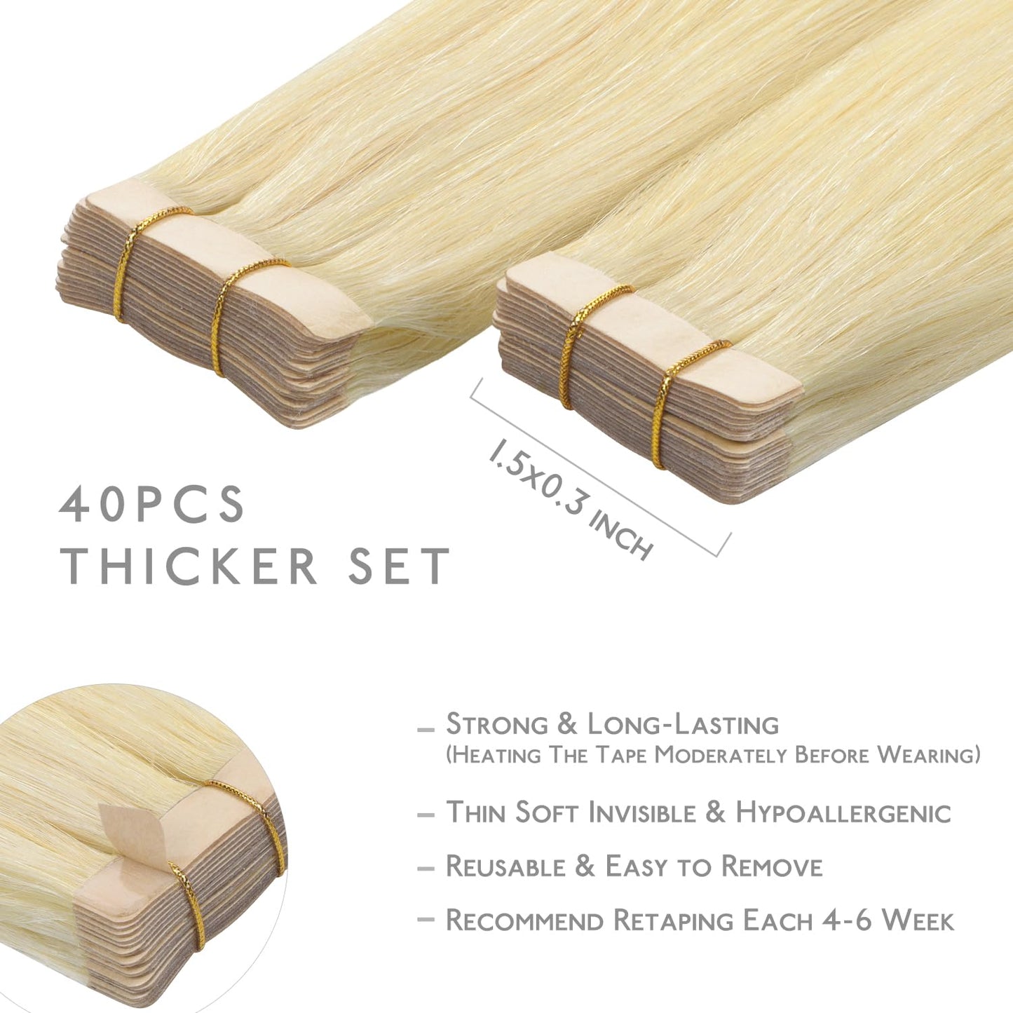 WENNALIFE Tape in Hair Extensions Human Hair, 40pcs 100g 14 inch Bleach Blonde Remy Hair Straight Tape in Extensions Invisible R