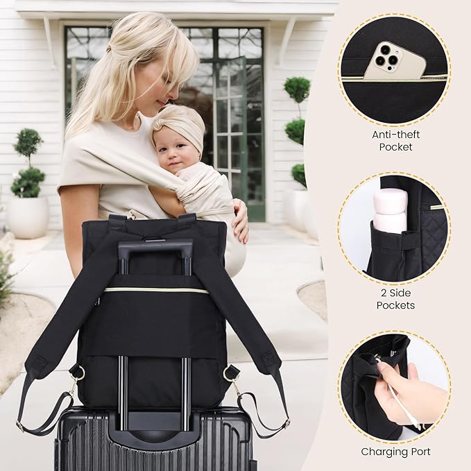 LOVEVOOK Diaper Bag Backpack,Diaper Bag Tote with Insulated Pockets,Baby Bag for Girl Boy with Changing Pad,Large Baby Diaper Bag with Pacifier Case,Anti-Theft Travel Backpack for Women,Black