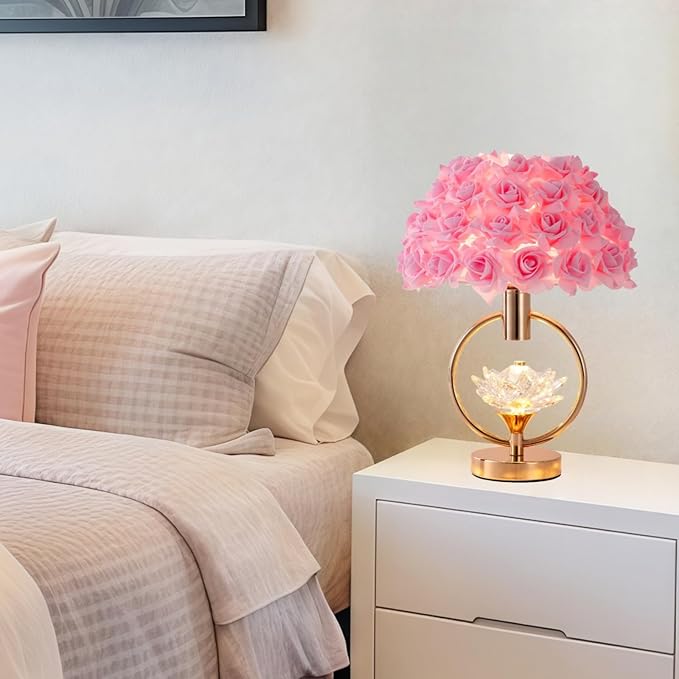 Modern Pink Rose Table Lamp with Crystal Romantic Flower Bedside Lamp Princess Nightstand Lamp Creative Desk Light for Girl Bedroom Living Room Entry Hotel Wedding 17IN
