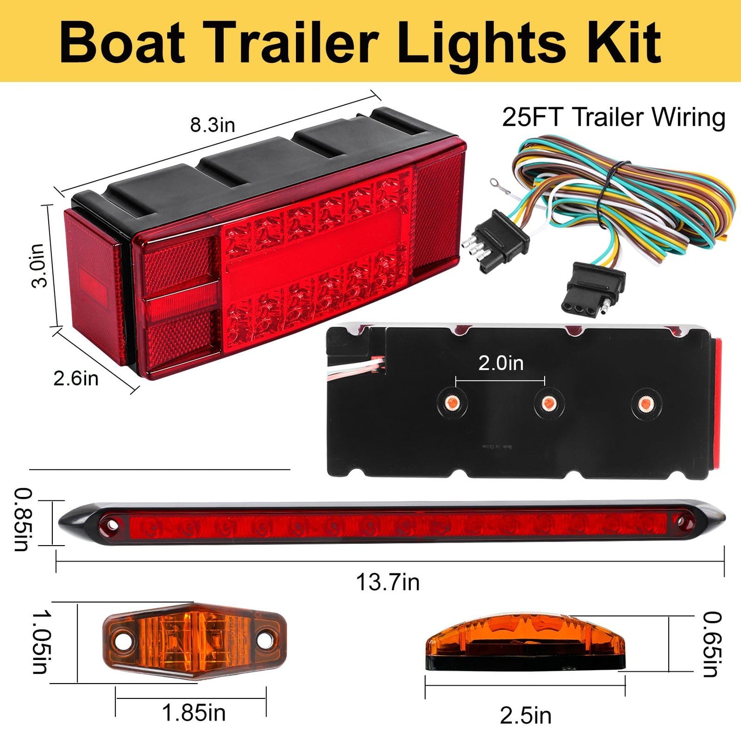 EXERAUO Boat Trailer Lights LED Kit, IP68 Submersible, 8 Inch, Red & Amber, Model HDD-T06, Includes Wiring Harness