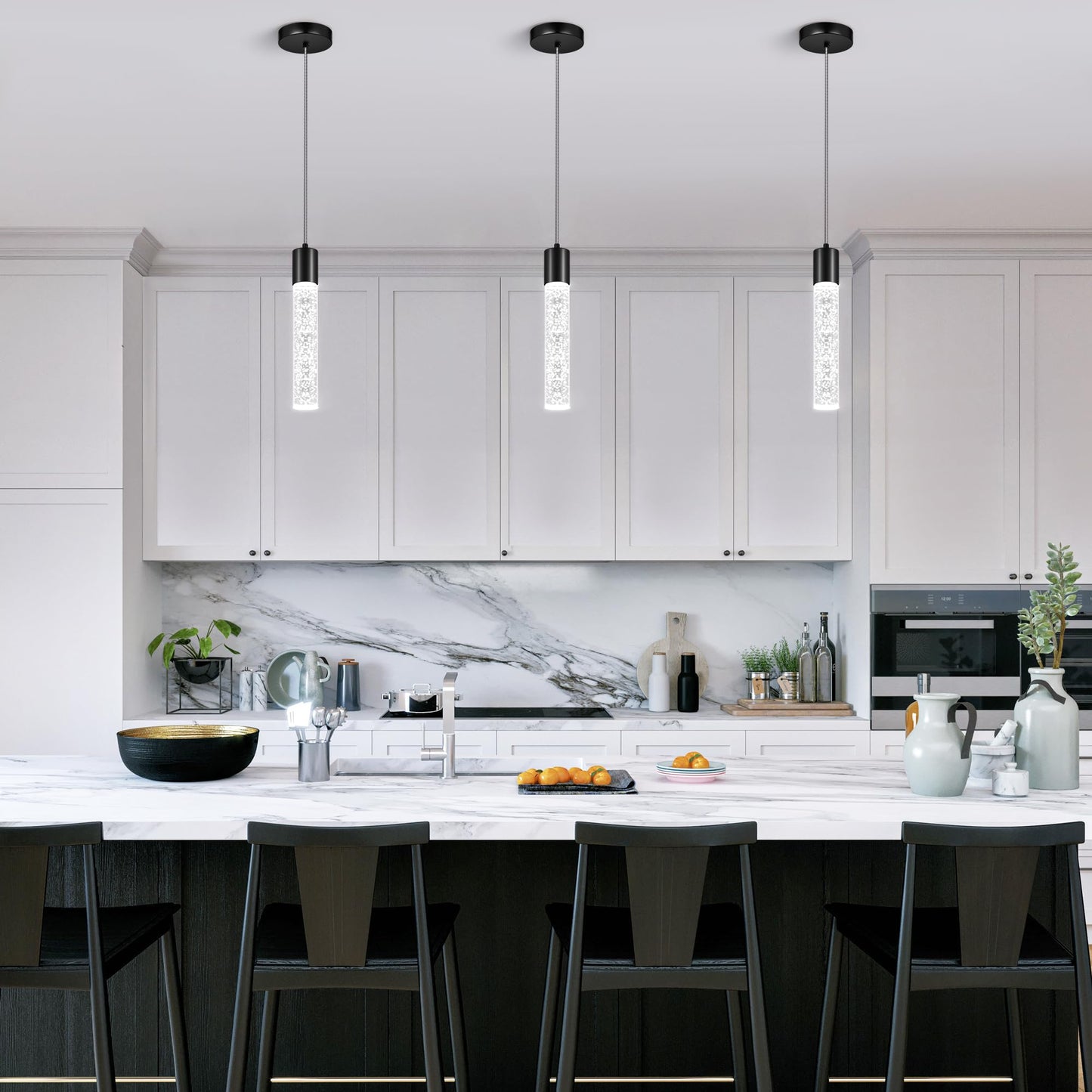 Esfos Pendant Lights Kitchen Island  6500K Modern Kitchen Island Lights Brushed Black  1 Pack Ceiling Lighting Fixtures With Crystal Bubble  Integrated Led Hanging Light For Dining Room Restaurant