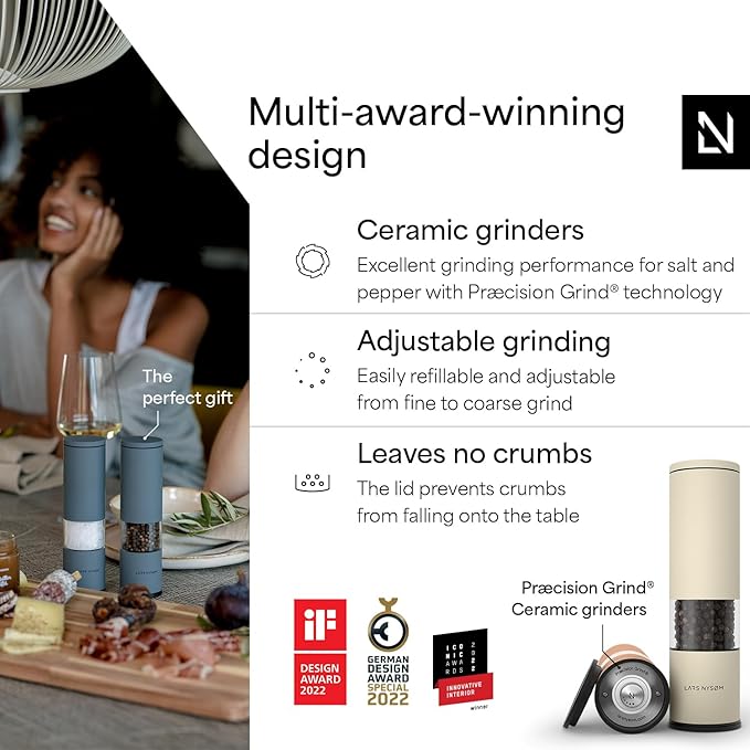 LARS NYSØM Salt and Pepper Grinder Set Manual, Stainless Steel Salt and Pepper Mills with Adjustable Ceramic Grinder I Design Spice Shakers (Peach/Beige)