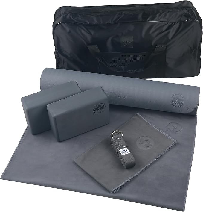 Clever Yoga - 7 Piece Yoga Kit for Women & Men, 6mm Cushioned Mat, 2 Blocks, Strap, Mat and Hand Towels & Carrying Bag - S...
