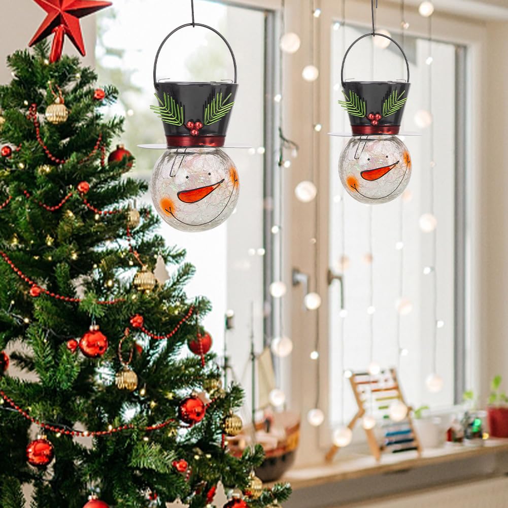 Starsoul 2 Pack Snowman Solar Lanterns  Christmas Outdoor Hanging Lantern Waterproof Decorative Snowman Lights Decor For Garden  Patio  Yard  Porch  Xmas Holiday Party Decor (Small Leaves)