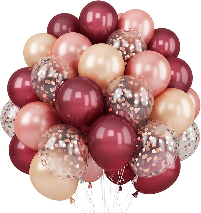 Balloons Burgundy Rose Gold, 60 Packs 12 Inches Wine Red Champagne Latex Balloon Rose Gold Confetti Balloons for Women Gir...