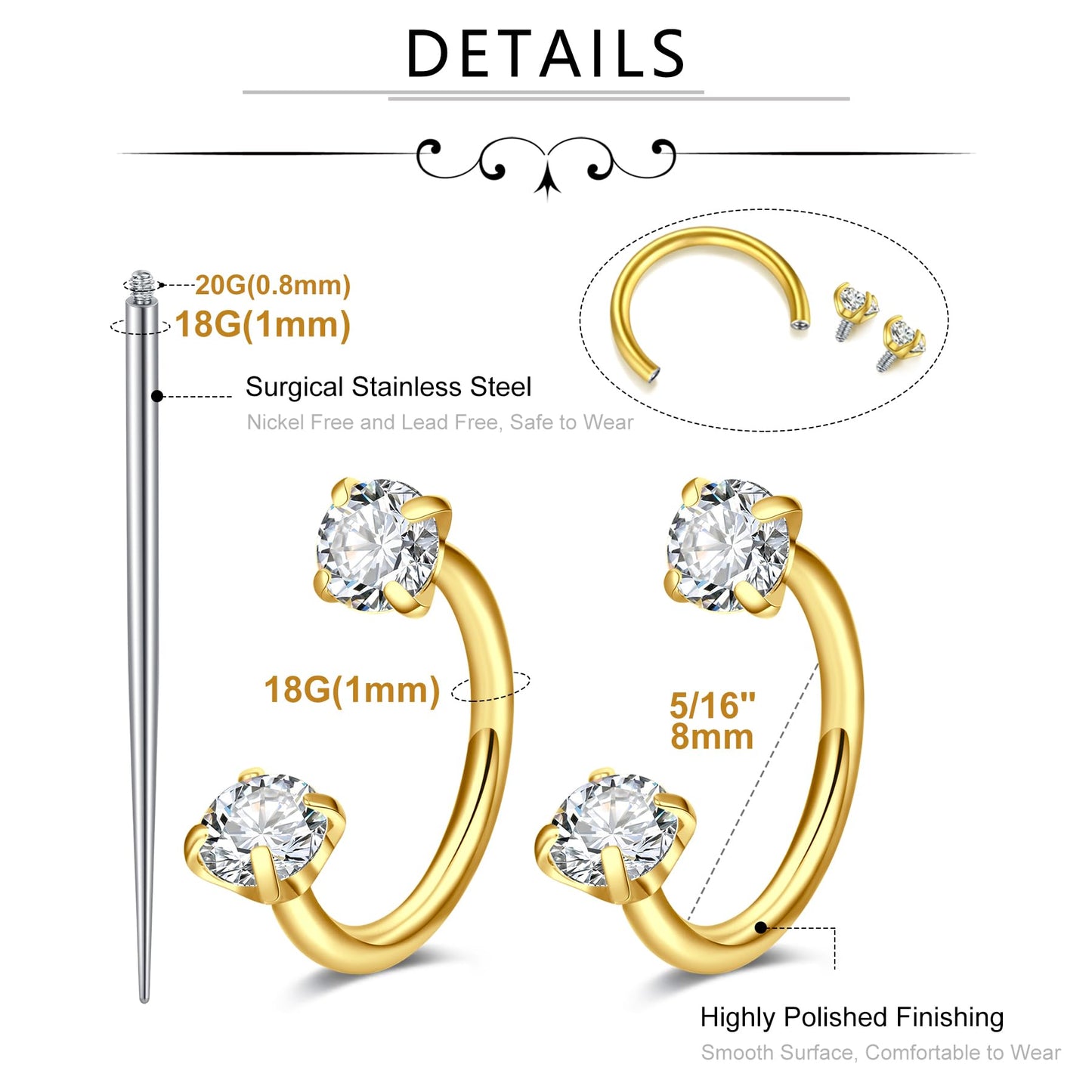 MODRSA Gold Horseshoe Nose Ring 18g Horse Shoe Nose Ring Hoop for Women Surgical Steel Half Hoop Earring Hoops Daith Tragus Earr