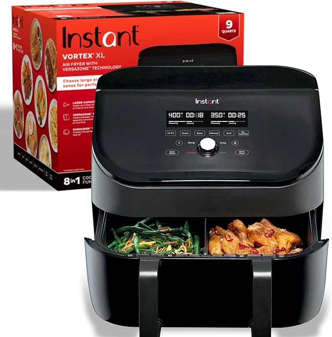 Instant Pot VersaZone 9QT Air Fryer,8-in-1 Functions with EvenCrisp Technology, Crisps,Broils, Bakes,Roasts, Dehydrates,Reheats at Same or Different Temperature, from the Makers of Instant Pot, Black