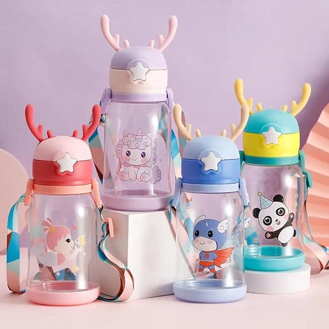 Antlers BPA Free Reusable leak proof Transparent Water Bottle With Strap for Kids School (Multicolor-600ml), Medium (2-4 cups)