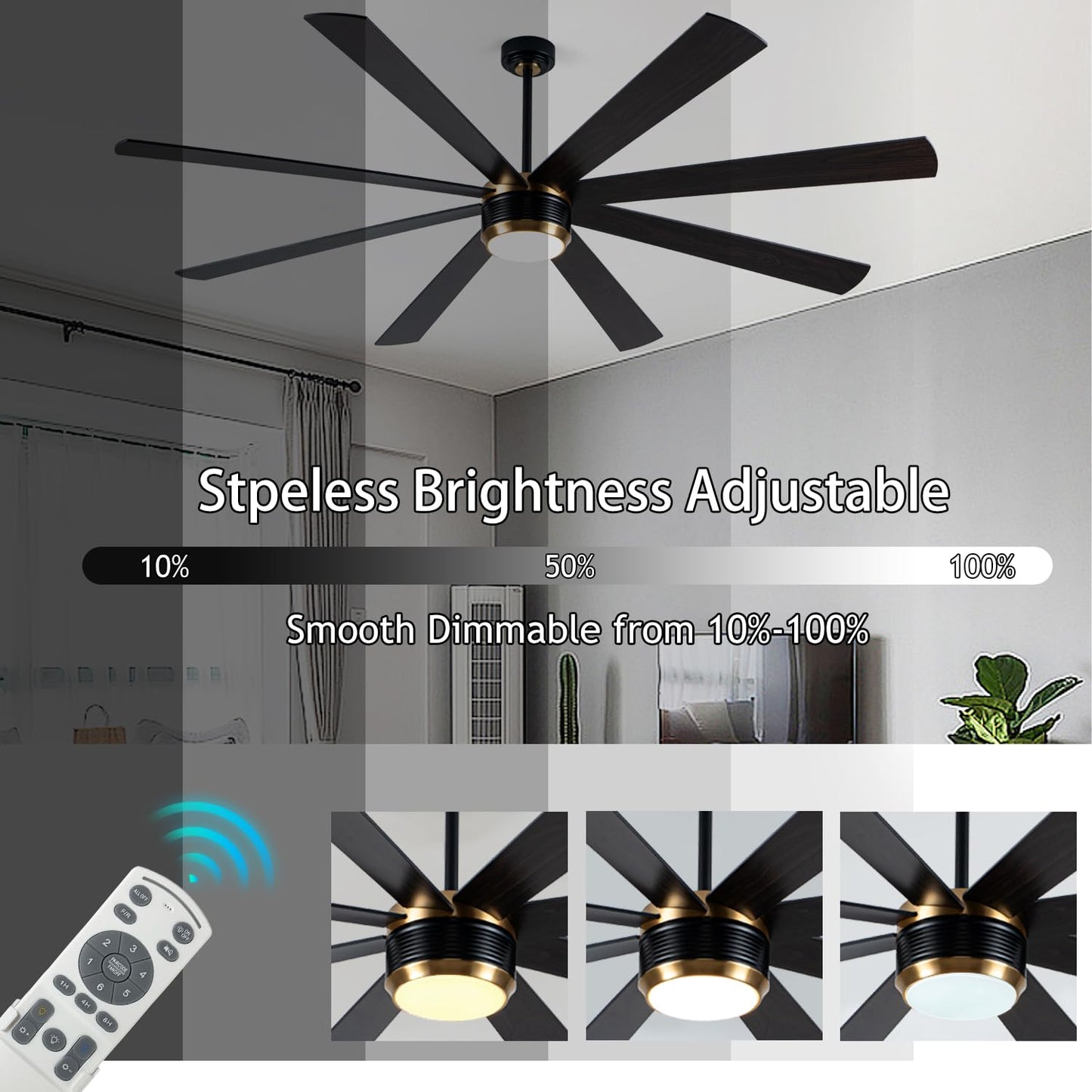 SHOWDI 8 cutting edge Ceiling Fan with Lights, Remote Control, Reversible Brightness, 84 Inch, Black-Gold