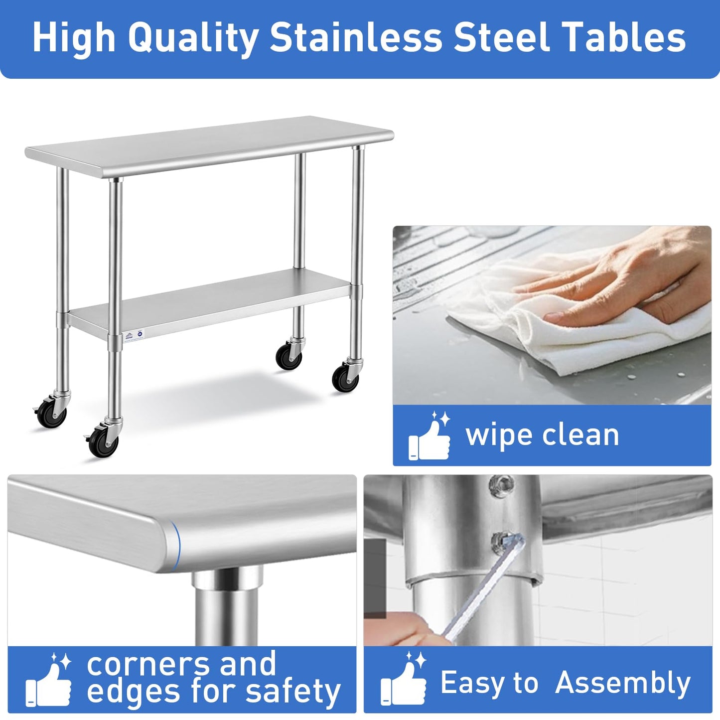 ROCKPOINT Stainless Steel Table for Prep & Work with Caster Wheels 24x24 Inches, NSF Metal Commercial Kitchen Heavy Duty Table with Adjustable Under Shelf and Table Foot for Restaurant, Home and Hotel