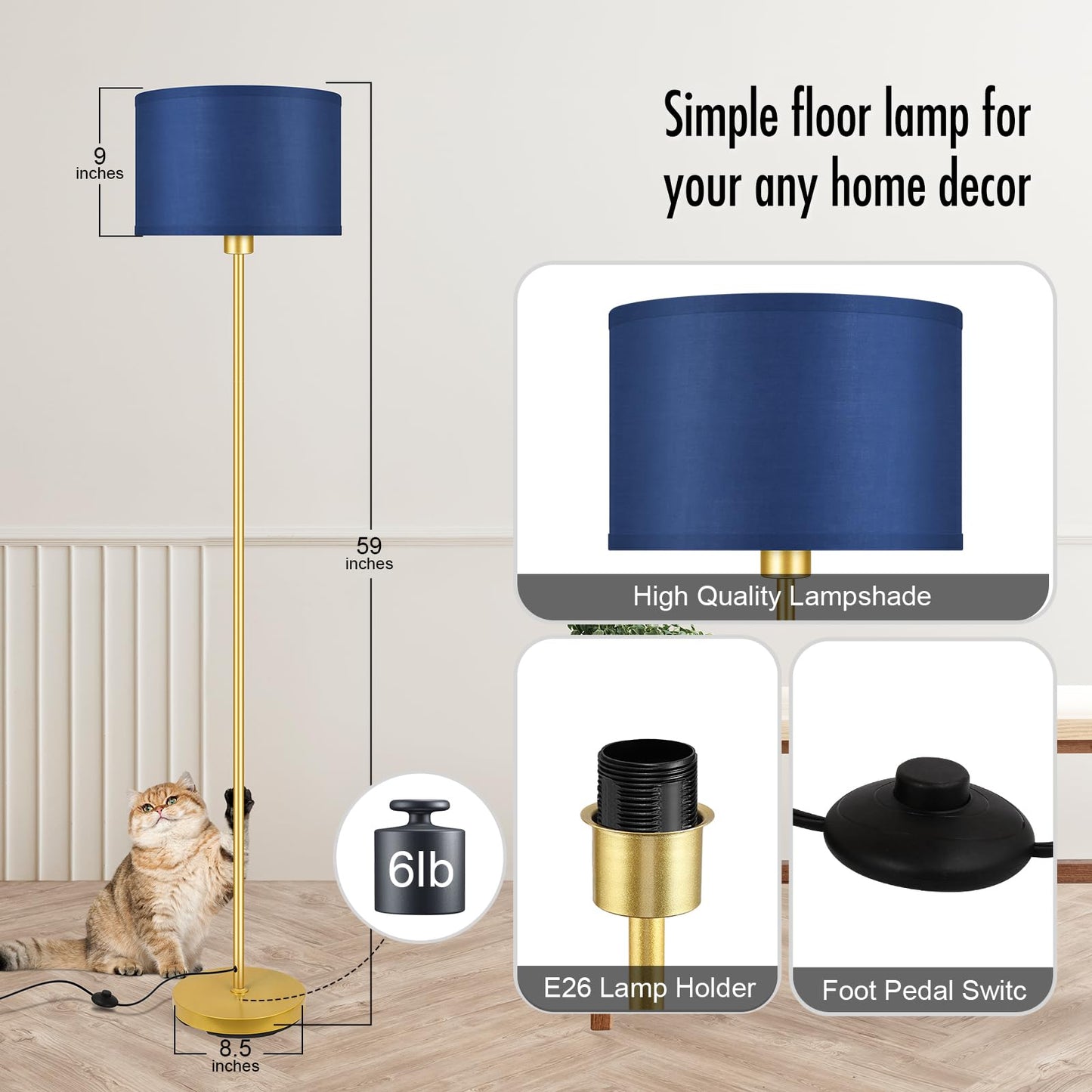 Floor Lamp Blue  Standing Lamp  58  Tall Floor Lamp With Lampshade  Foot Pedal Switch  Modern Simple Floor Lamps For Living Room/Bedroom/Den/Classroom  Gold Lamp For Boys  Gift(Without Bulb)