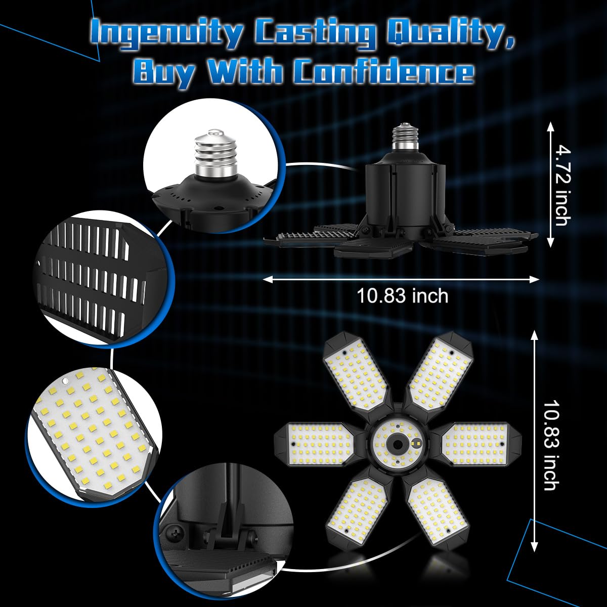 POLARPRA Garage Light - Super Brighter 15000LM Garage Light Bulb 150 Watt Equivalent Screw into E26 Socket w/ 6 Deformable Panels 6500K Led Shop Lights for Base Basement Workshop Warehouse Attic