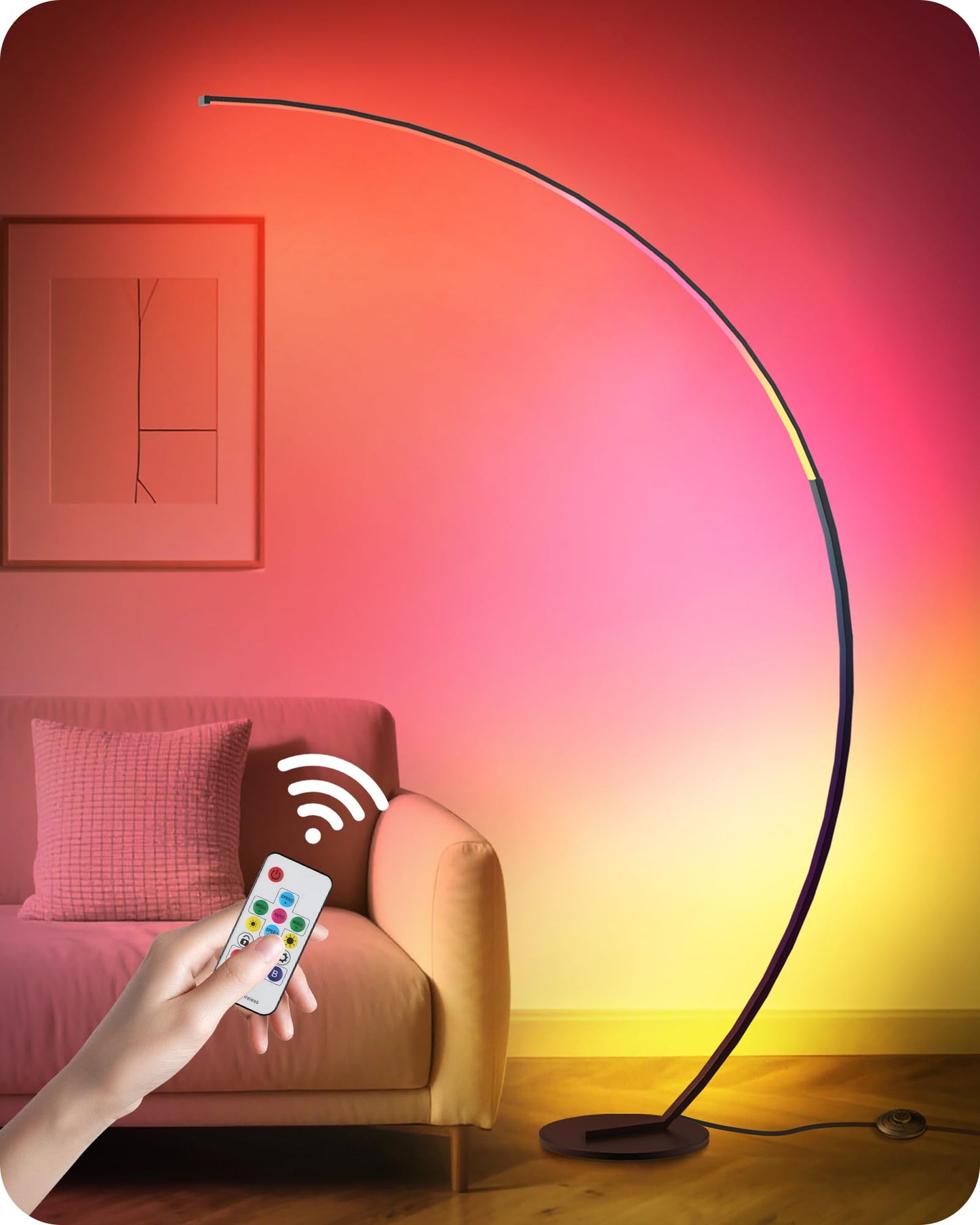 GOEBLESON RGBW Floor Lamp, Dimmable 75” Arc Lamp with Remote, 18 Colors, Metal, Model RB62LD05