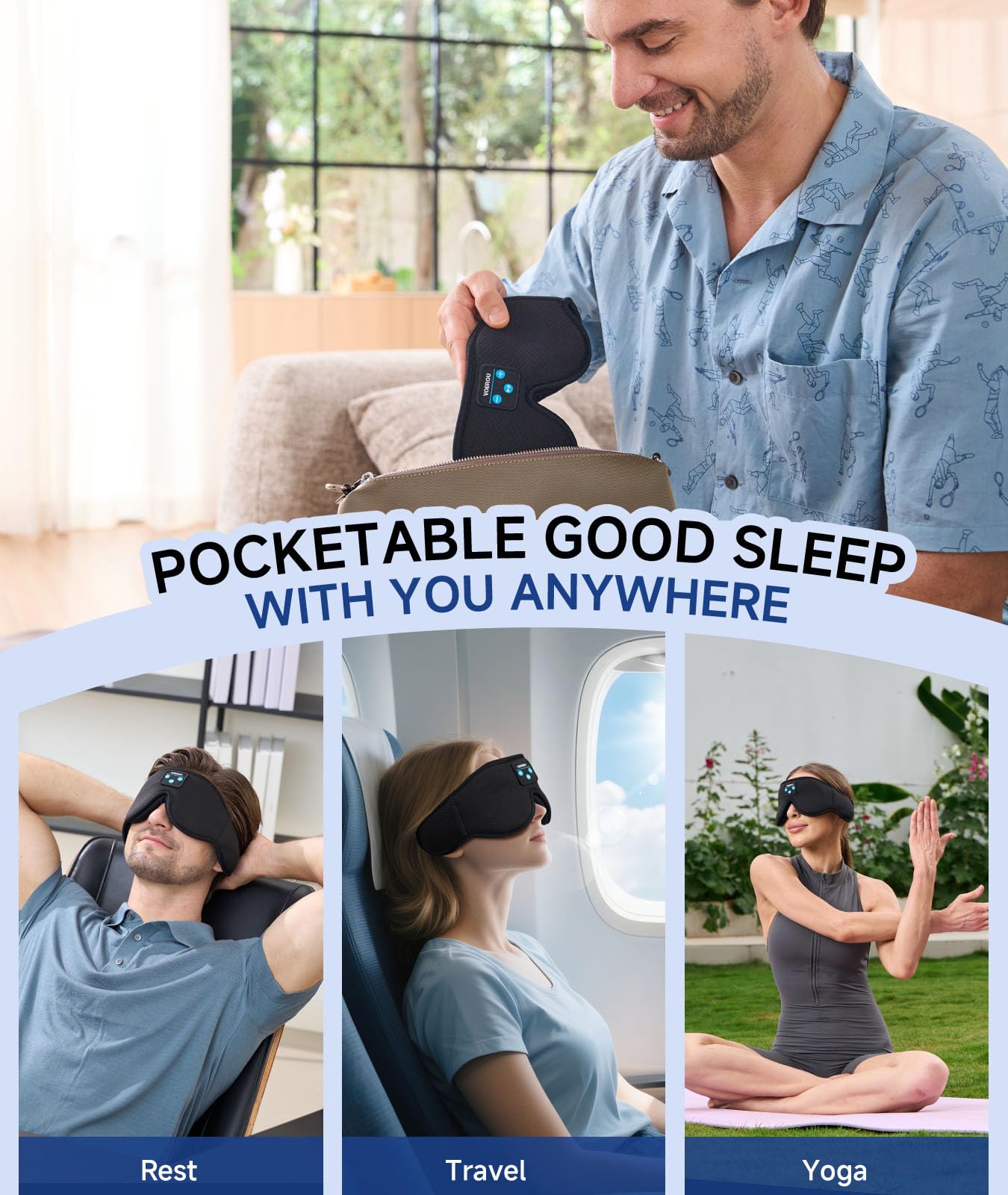 Voerou Sleep Headphones, 3D Bluetooth 5.4 Sleep Mask Wireless Eye Mask, Sleeping Mask with Bluetooth Headphones for Side Sleepers with Ultra-Thin Speakers, Perfect for Sleeping Travel Christmas Gifts