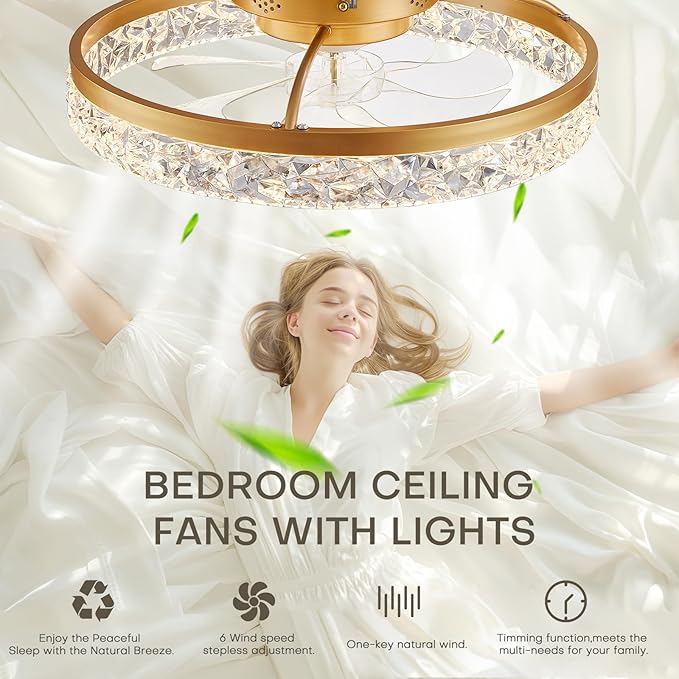 STERREN 19.7'' Crystal Ceiling Fans with Lights and Remote, Modern Low Profile LED Ceiling Fan, Dimmable Flush Mount Fan Light, Gold Fandelier with Color Temperature Change 6 Speeds