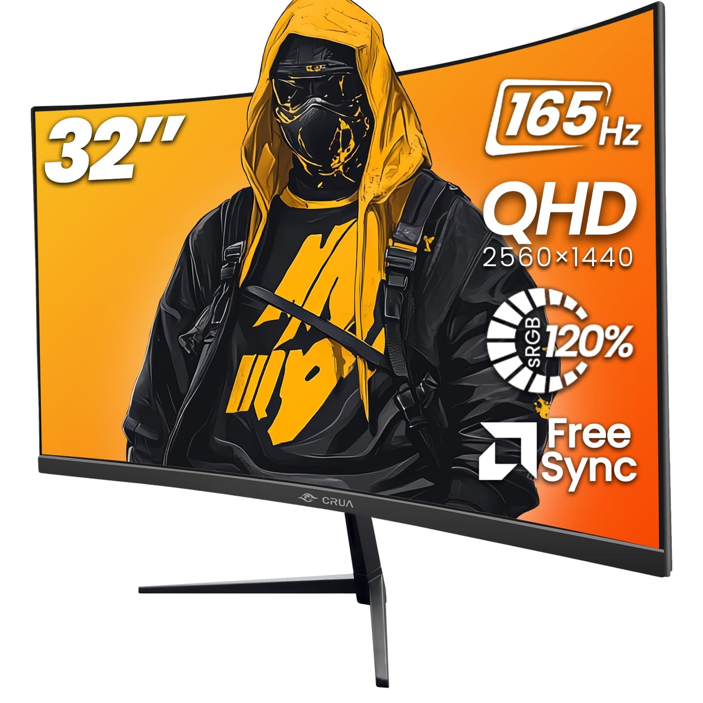 CRUA 32" Curved Gaming Monitor, 2K QHD 2560x1440P, 144Hz/165Hz Computer Monitors, 120% sRGB, FreeSync, Low Blue Light, 1800R VA Screen, HDMI 1.4/DP 1.2, Wall Mountable - Black