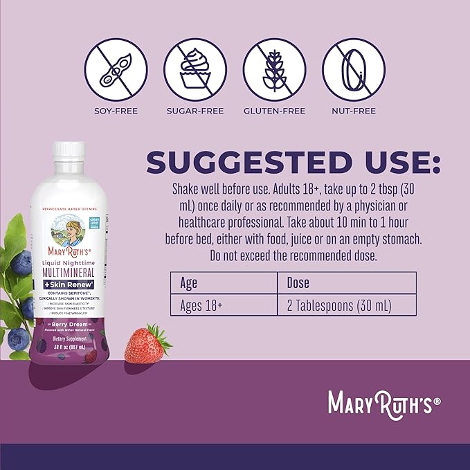 Liquid Nighttime Liquid Multimineral + Skin Renew for Women | Reduce Fine Wrinkles | Improve Skin Firmness | with Sepitone | NO Melatonin | Magnesium | Vegan | Sugar Free | 30 Servings