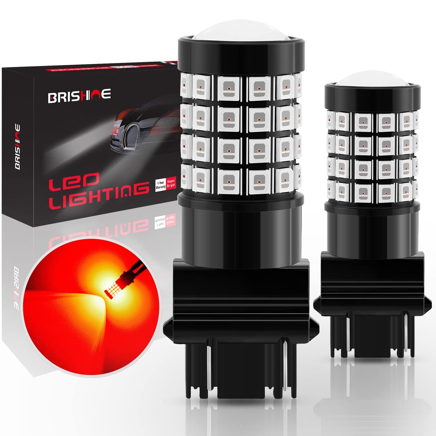 Brishine 3157 3156 3056 3057 3457 4157 4057 Led Flashing Strobe Blinking Brake Light Bulbs  Super Bright 52-Smd Chipsets Led Bulbs With Projector For Tail Stop Lights  Brilliant Red(Pack Of 2)