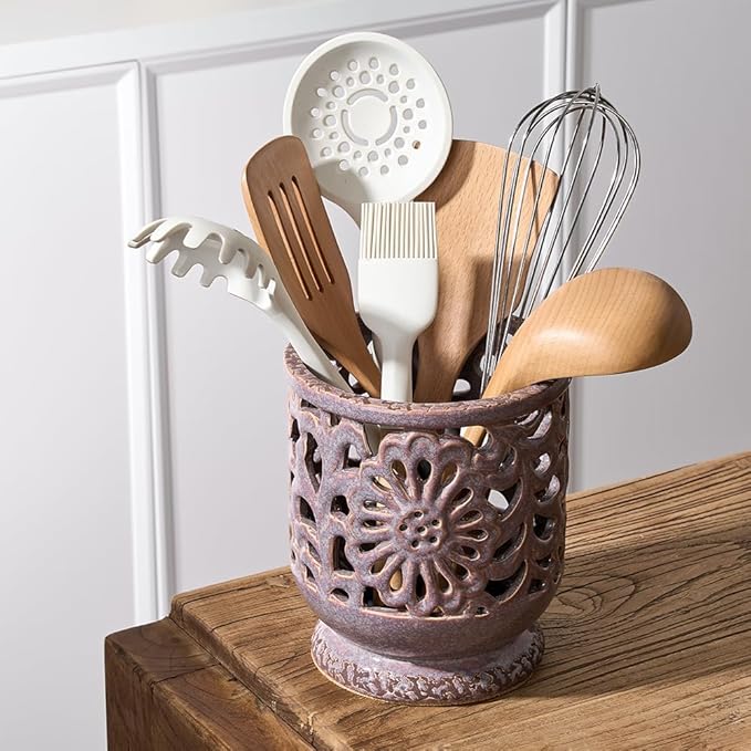 Farmhouse Kitchen Utensil Holder for Countertop, Ceramic Large Cooking Utensil Crock with Cork Mat, Decorative Rustic Utensil Holder for Kitchen Counter, Hollow Carving Flower, Purple