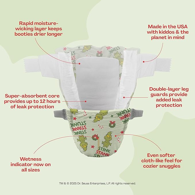 Hello Bello Dr. Seuss Baby Grinch Premium Diapers, Size 5 (27+ lbs), 48ct Plus Bonus Wipes: Softness & Protection for Sensitive Skin