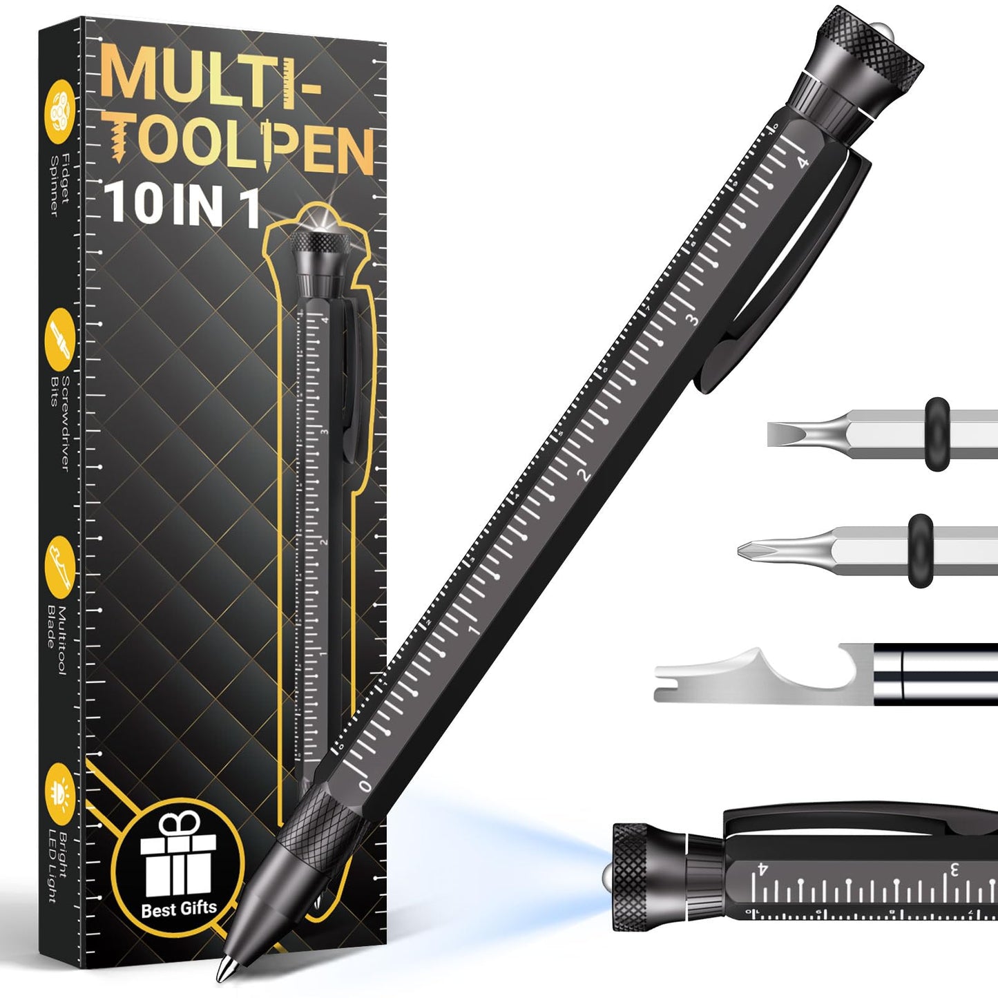 DMH Gifts for Men Multitool Pen - Stocking Stuffers for Men 10 in 1 Cool Tool Gadgets Unique Christmas Birthday Gift for Women Boyfriend Husband Who Have Everything Construction Carpenter Engineer