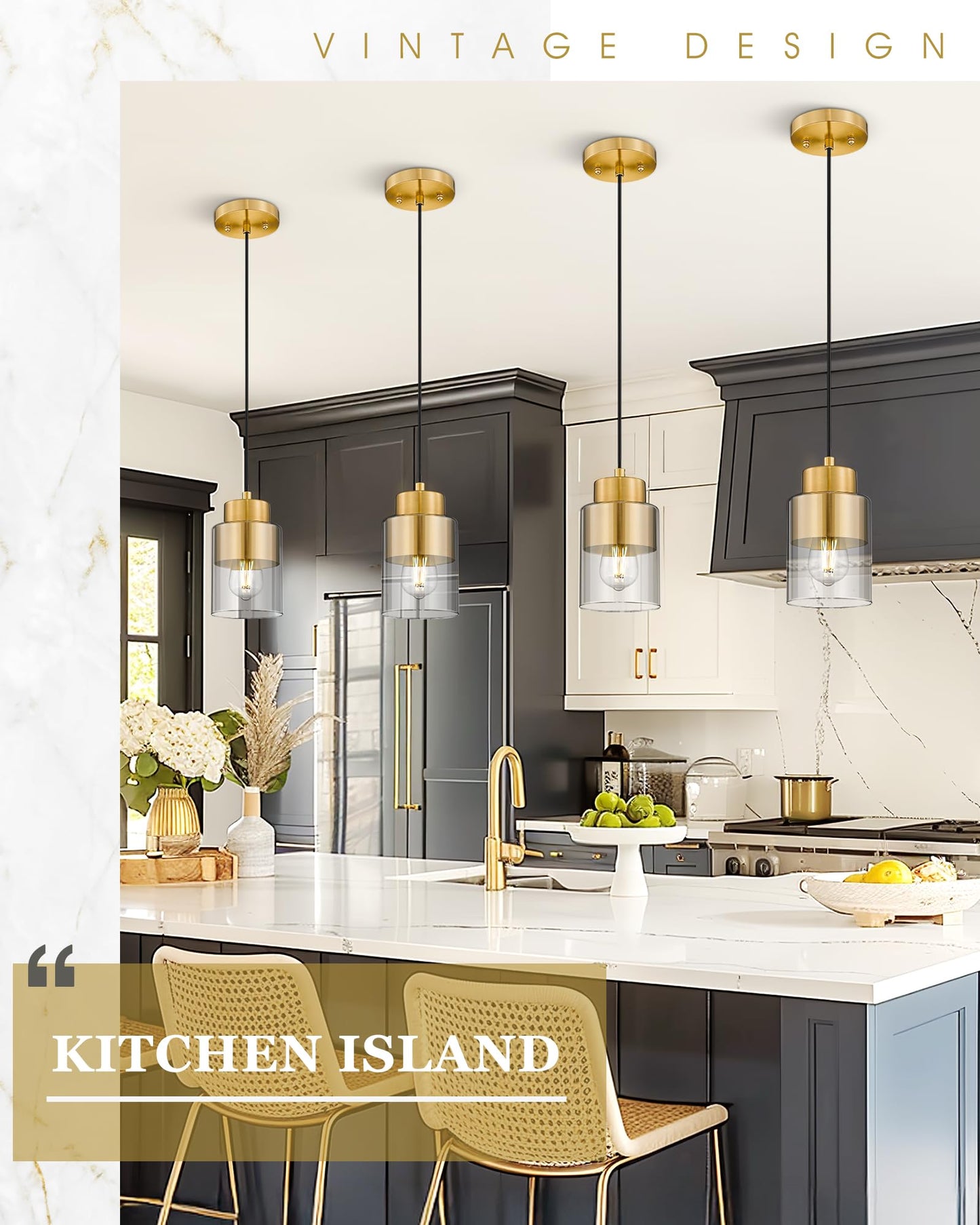 Audickic 2-Pack Pendant Lights Kitchen Island  Brushed Gold Dual Shade Hanging Lights Fixtures With Metal And Clear Glass  Brass Kitchen Pendant Lighting Over Island For Dining Room  Ad-24022-1P2-Gd