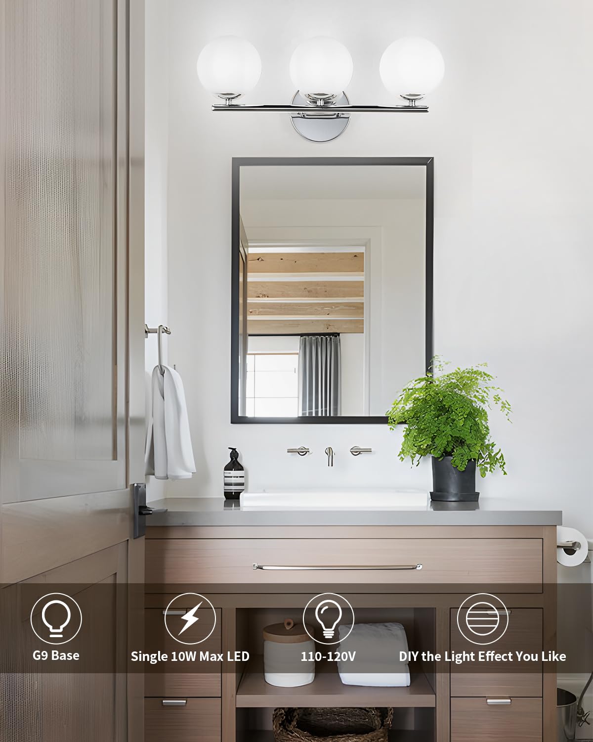 Foucasal Globe Bathroom Light Fixtures Chrome Vanity Light With Plastic Milk White Globe Shades 11.81 Inch Wall Sconce Lighting Over Mirror  3-Light Vanity Lights For Bathroom Hallway Living Room