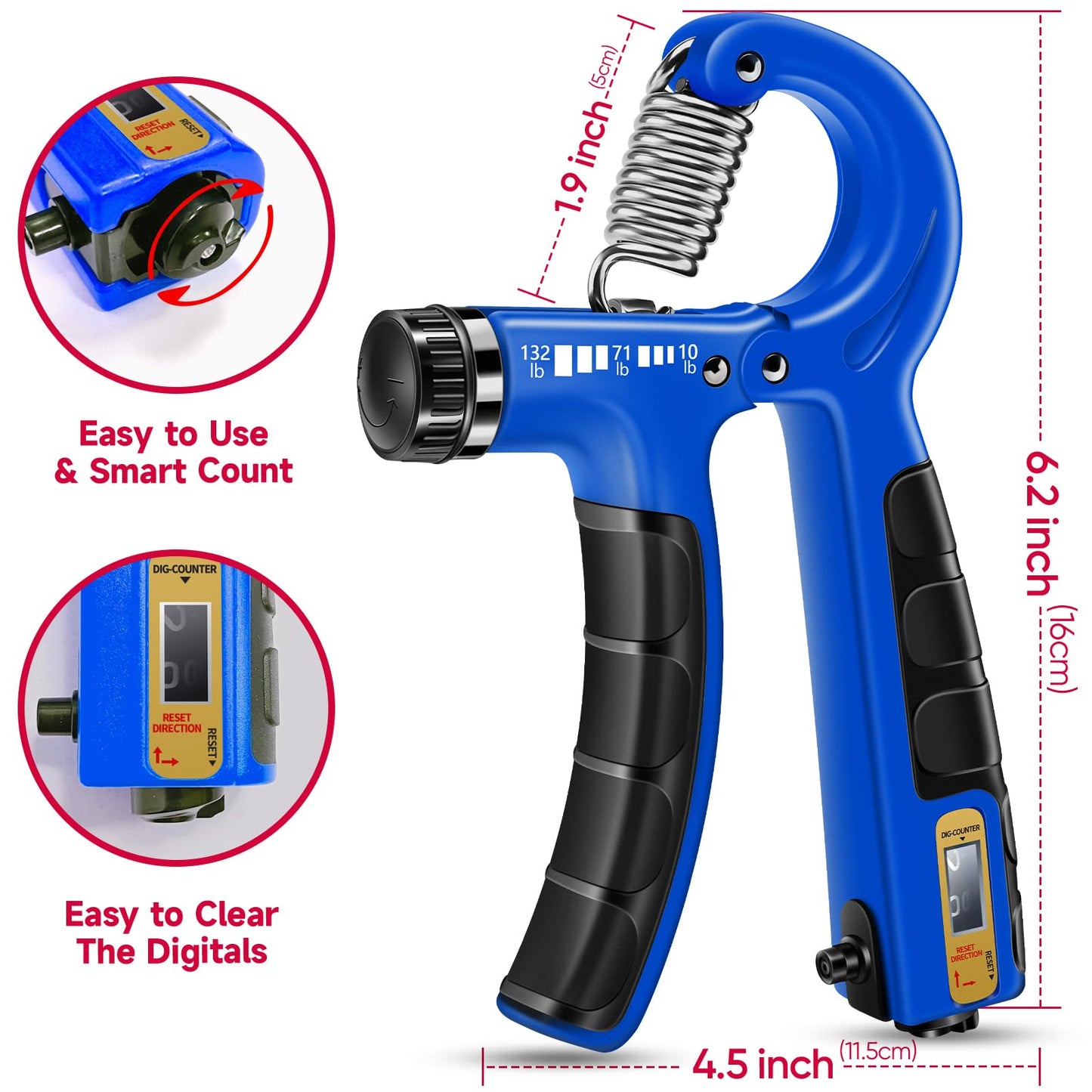 FitBeast Hand Grip Strengthener Workout Kit (5 Pack), 2 Forearm Grip Adjustable Resistance Hand Gripper, Finger Stretcher, Grip Ring & Stress Relief Grip Ball for Athletes, Dark Blue