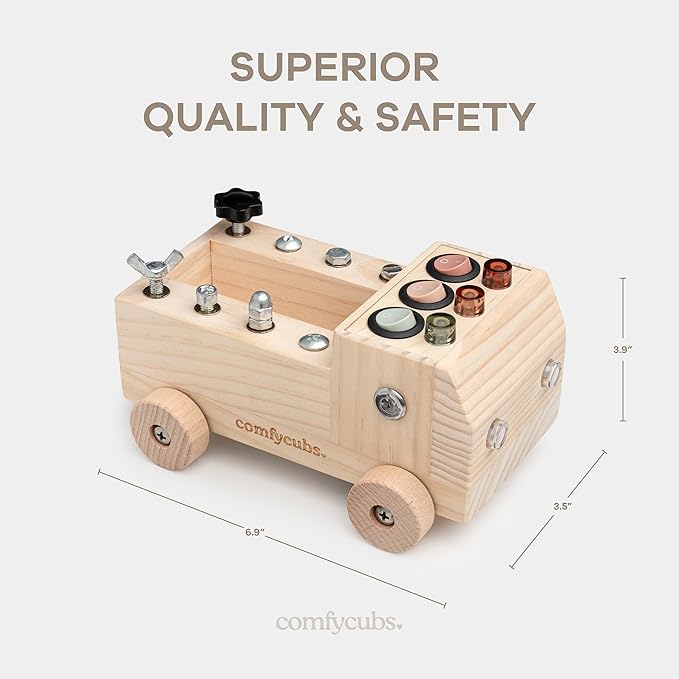 Comfy Cubs Busy Board Toy Truck Set - Fun & Noise-Free, Pine Wood Activity Board for Toddlers with LED Light Switch - Designed in The US, Focused & Engaging Montessori Play for Kids 3+ (Natural Wood)