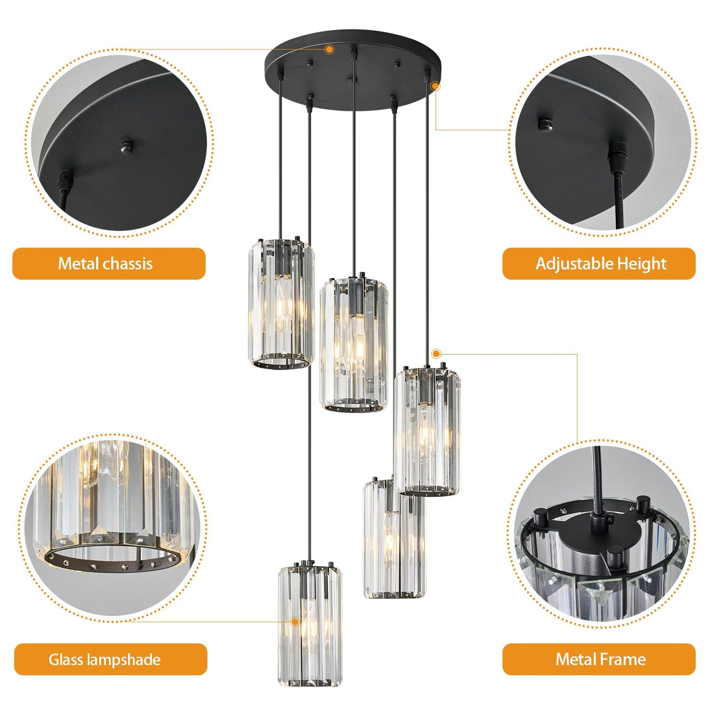 Zhllmq Black Pendant Lighting Modern Pendant Light  Mini Crystal Chandeliers Adjustable Pendant Light Fixture For Kitchen Island Dinning Room Corridor Bedroom(Gold 5-Light)