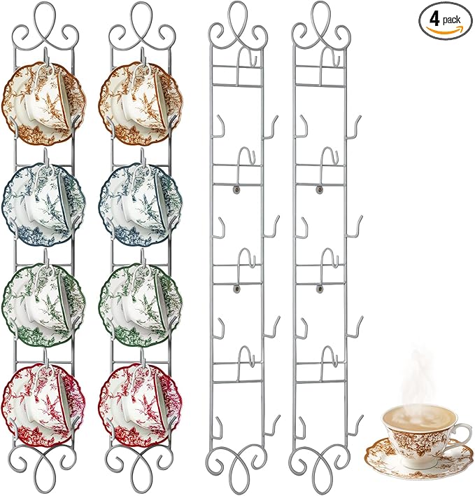 Blulu 4 Pcs 36'' x 5'' Tea Cup and Saucer Display Stand 4 Tiers Vertical Wall Mounted Cups Plate Holder Wall Plate Hangers Decorative Brackets for China Coffee Mug Gifts Thanksgiving Christmas (White)