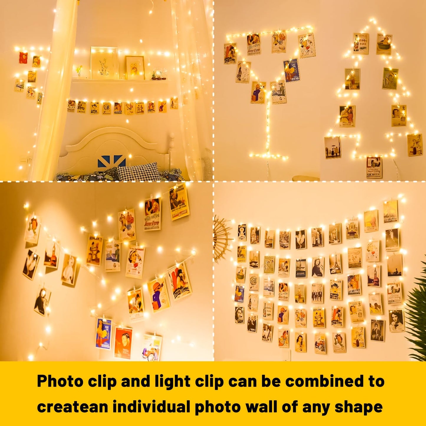 Hxweiye 50Leds Battery Powered Fairy Lights, Warm White, 16.4Ft With 52 Clips & 10 Hooks For Pictures, Model Hy100150-120