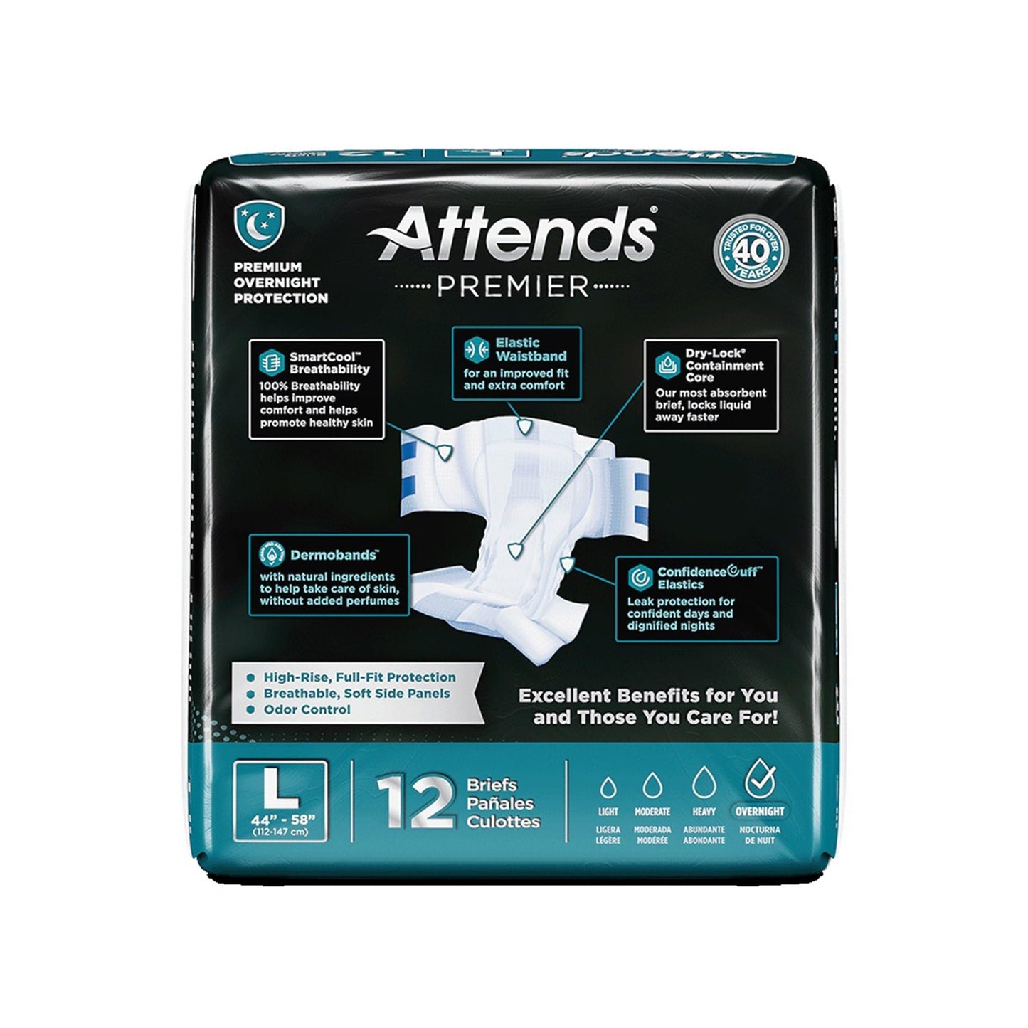 Attends Premier Adult Disposable SmartCool® Briefs, Large, 44-58" High-Rise Waist Tab Closure, Premium Overnight Dry-Lock Protection, Odor Control, 48ct Case