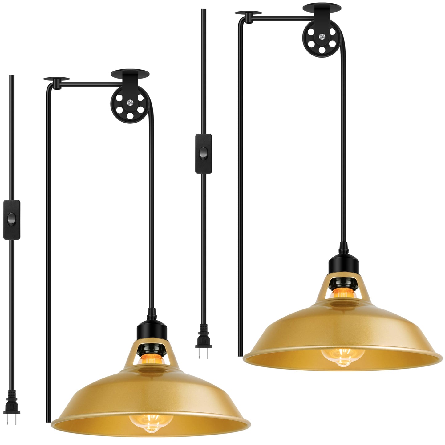 Lomoky Gold Pendant Light, Mid Century Plug-in Ceiling Lamp, 14.76ft Cord, Adjustable Pulley, 2 Pack