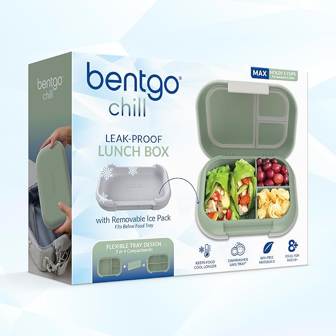 Bentgo Chill Max Leak-Proof XL Lunch Box - Included Ice Pack Keeps Food Cold; 5-Cup Capacity for Adults & Ages 8+, 3 or 4 Compartment Bento Box, BPA-Free, Dishwasher Safe (Clay Green & Gray)