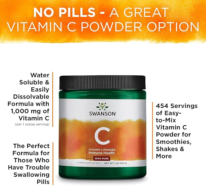 Swanson Vitamin C Powder 100% Pure Ascorbic Acid, Immune System Support, Skin Health, Cardiovascular Health, Antioxidant Supplement 1000 mg (per Serving) 1 lb. 454 g (3 Pack)