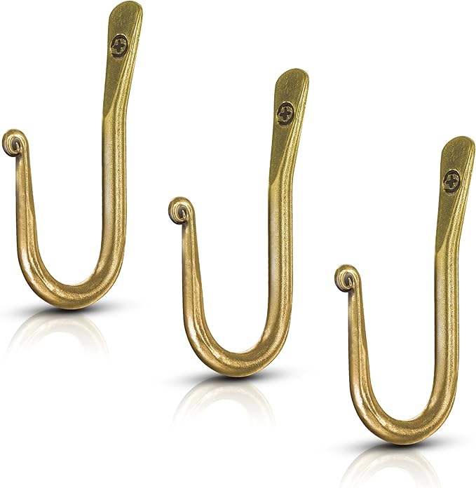 Wall Mounted Hook - Wrought Iron Decorative Blacksmith Handmade Simple Hook For Bathroom and Kitchen, Sturdy Hooks For Hanging Robes, Towels, Coats, cloths, Bags, Keys and Jewelries - Pack of 3 (Gold)