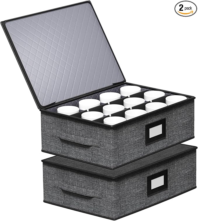 Aokeyee 2-Pack Cup and Mug Storage Box, Hard Shell China Storage Containers - Holds 24 Coffee Mugs, Tea Cups & Glasses, Stackable Organizers with Lid, Handles, Zippers & Label for Moving